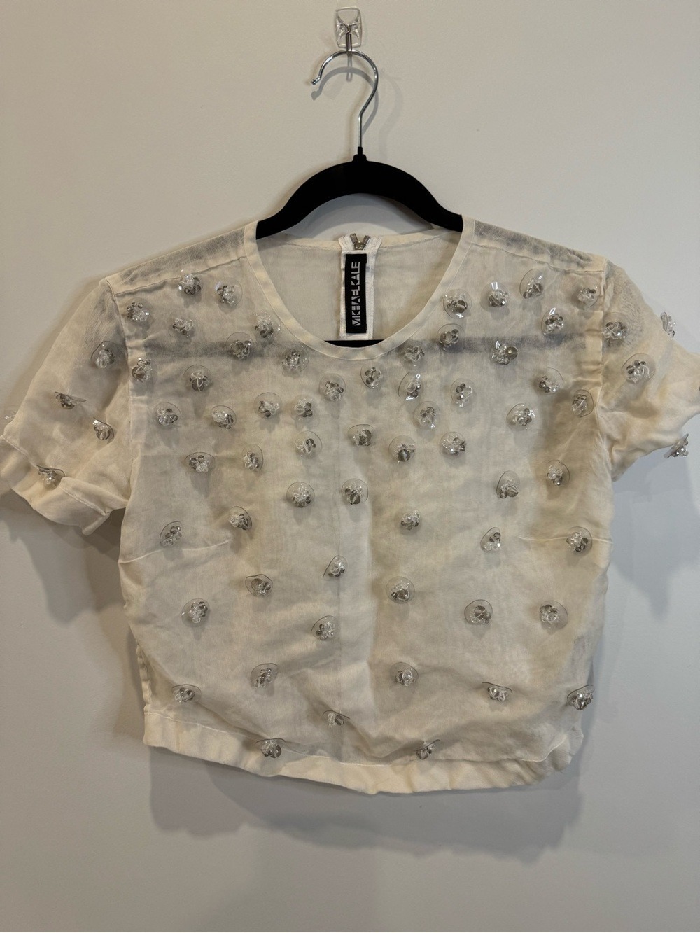 Michael Kale Ivory Sheer Embellished Crop Top Size Small 0809 - Picture 2 of 7